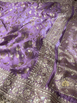 Lilac Purple Zardozi Handwork Mulberry Banarasi Silk Saree