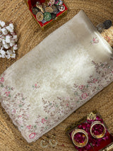Ivory White Soft Tissue Silk Saree With Scalloped Sequins Zardozi Pearl Handwork