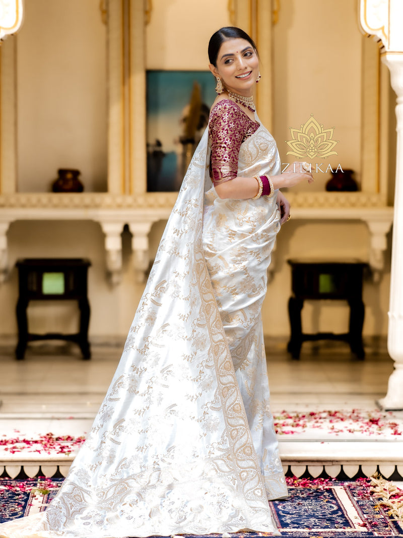 Pearl White Banarasi Uppada Silk Saree