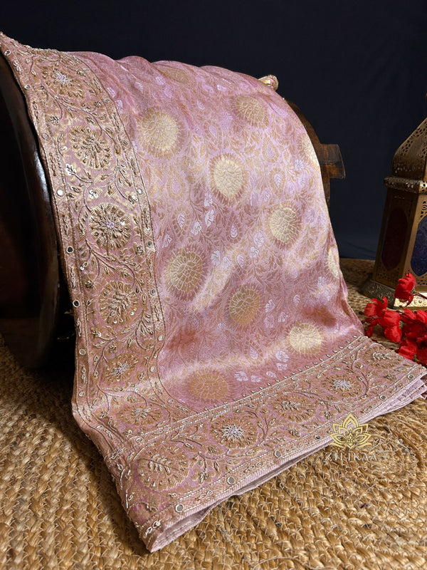 Baby Pink Self Woven Kanchi Silk Saree with Zardozi Hand Embroidery