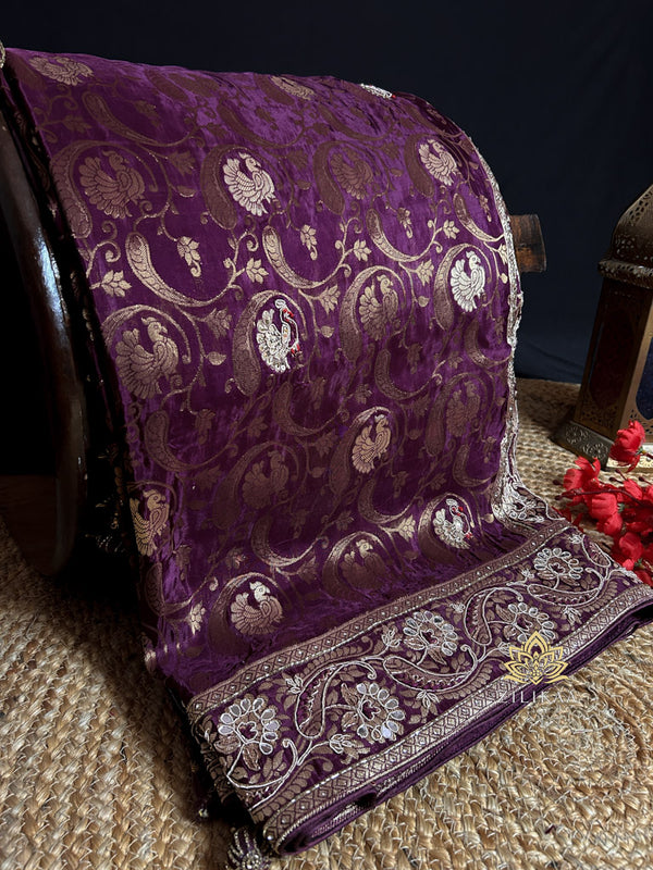 Plum Wine Zardozi Handwork Munga Banarasi Silk Saree