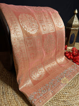 Orchid Peach Zardozi Handwork Zari Tissue Silk Saree