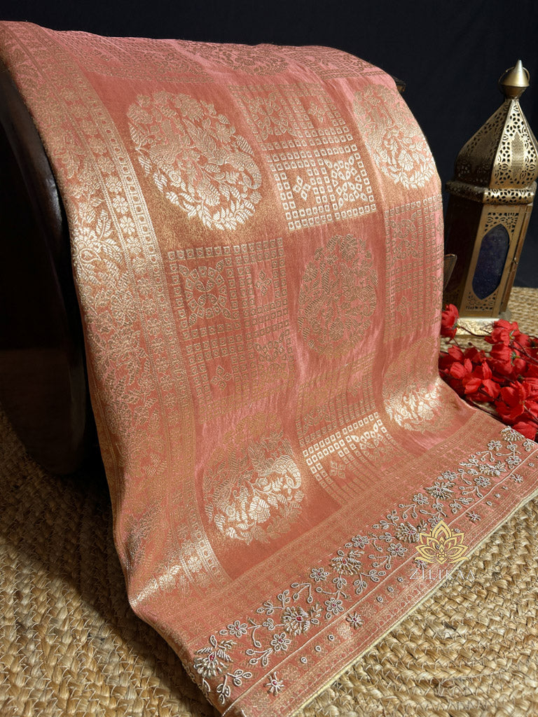Orchid Peach Zardozi Handwork Zari Tissue Silk Saree
