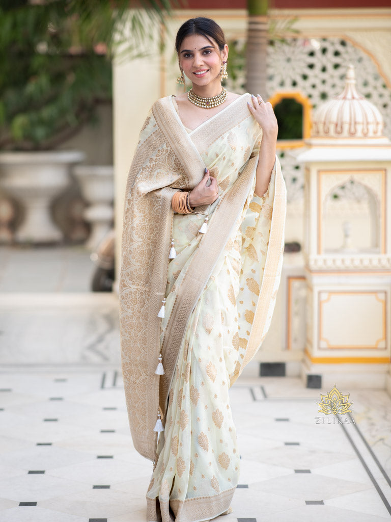 Ivory White Banarasi Khaddi Weaved Georgette Saree