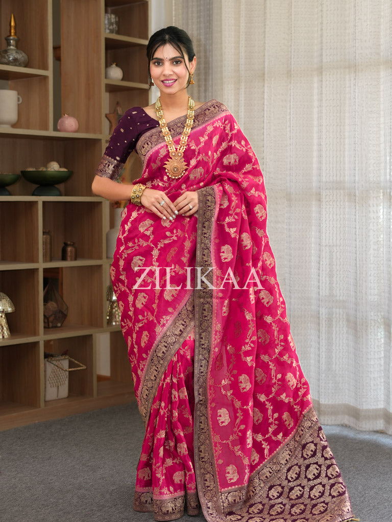 Queen Pink Munga Silk Saree