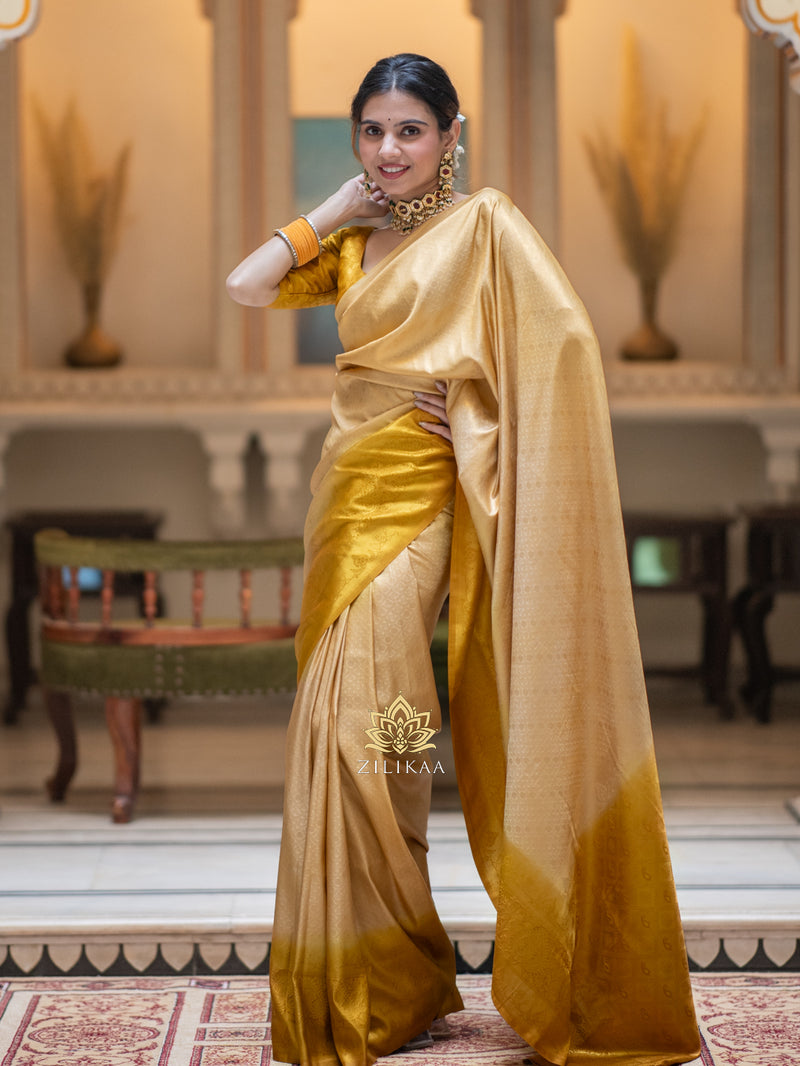 Ivory Golden Kanjeevaram Silk Saree