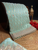 Ocean green Zardozi Handwork Munga Banarasi SIlk Saree