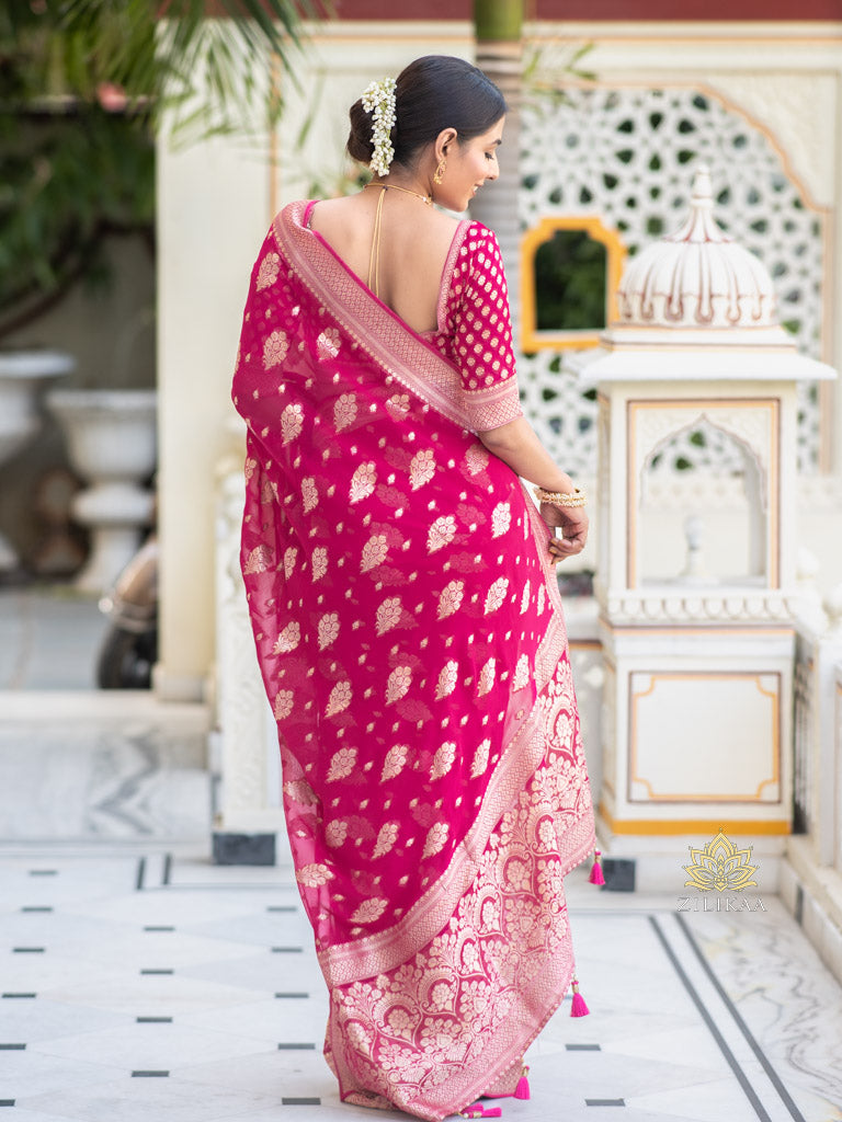 Queen Pink Banarasi Khaddi Weaved Georgette Saree