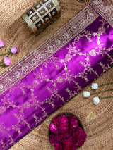Plum Purple Zardozi Pearl Handwork Mulberry Banarasi Silk Saree