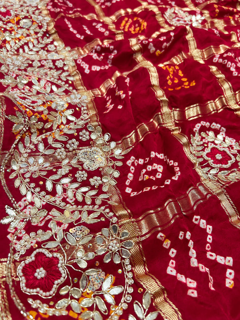 Calcutta Red Gotapatti Handwork Gajji Silk Ghatchola Bandhani Saree