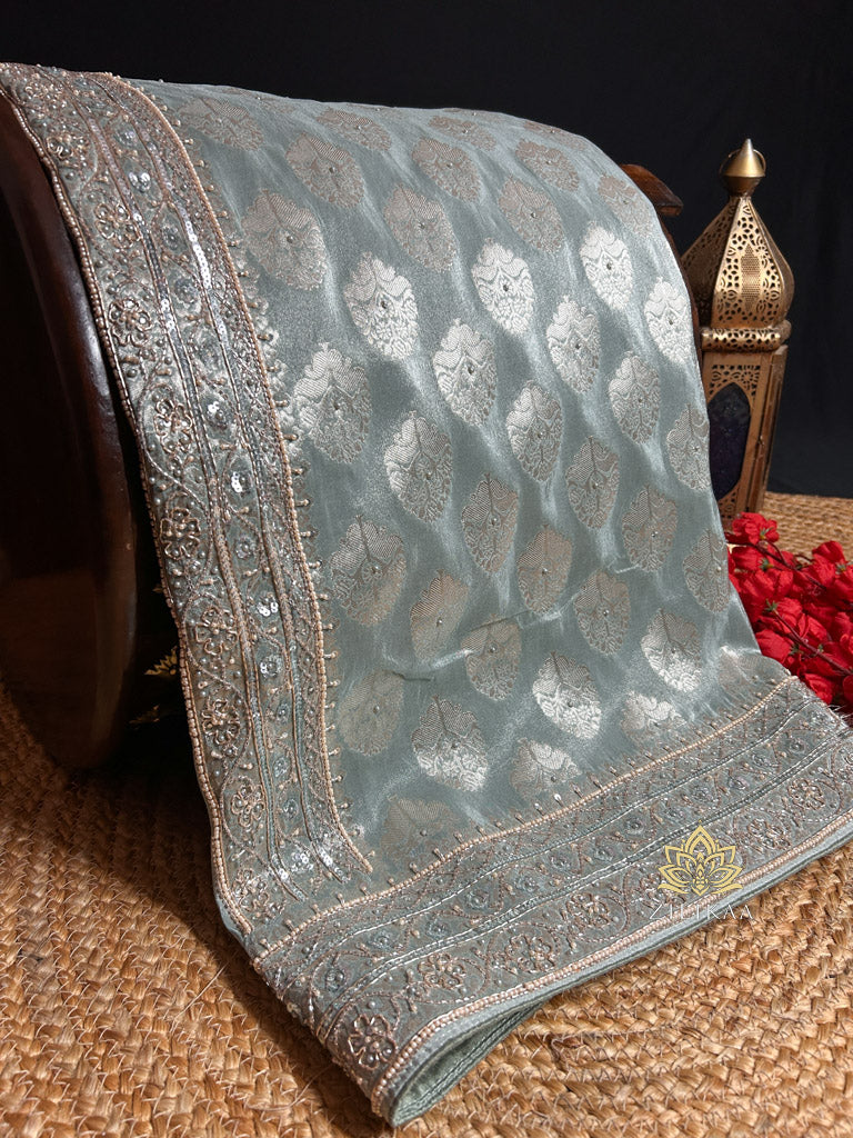 Ocean Green Zari Tissue Silk Saree with Beautiful Hand Embroidery