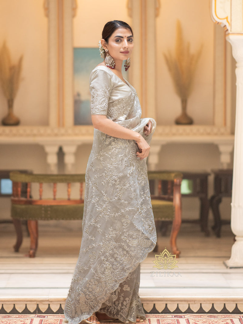 Ivory white Gota Embroidery French Silk Saree