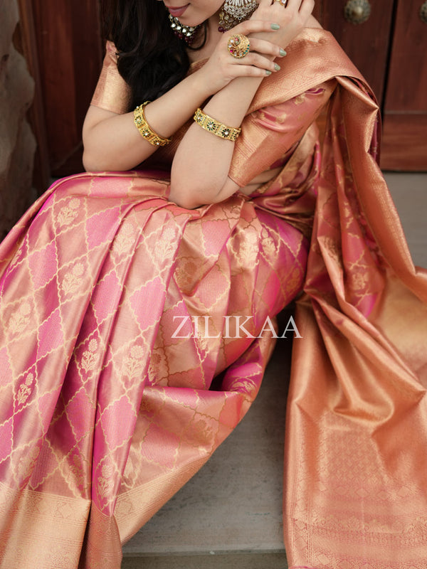 Salmon Pink Kanchipuram Tissue SIlk Saree