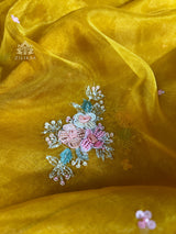 Mustard Golden Hand embroidery Organza Silk Saree