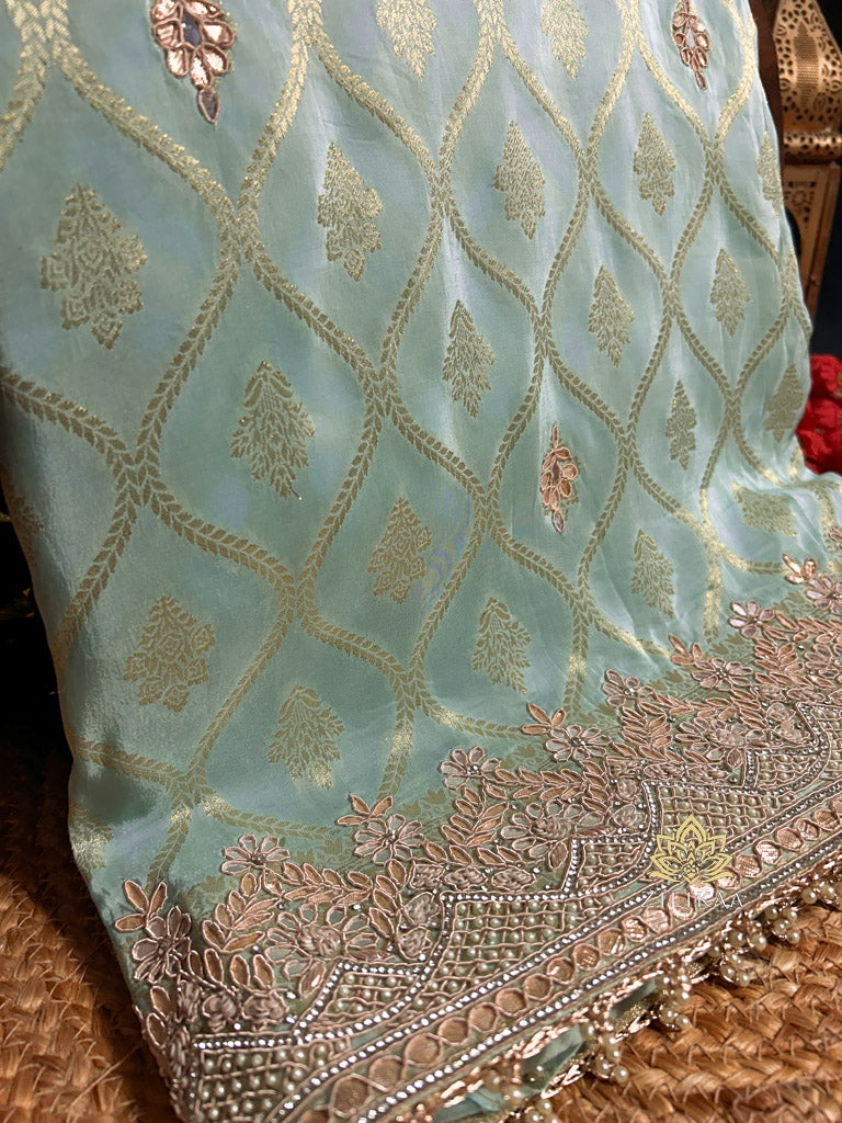 Ocean green Zardozi Handwork Munga Banarasi SIlk Saree