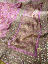 Baby Pink Zardozi Handwork Mulberry Banarasi Silk Saree