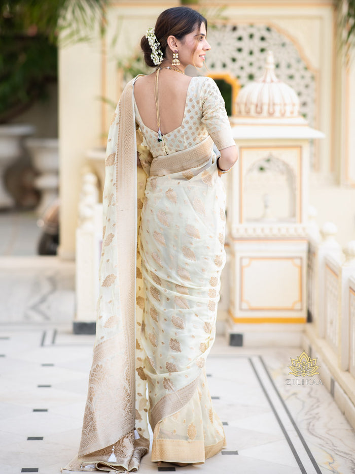 Ivory White Banarasi Khaddi Weaved Georgette Saree – Zilikaa