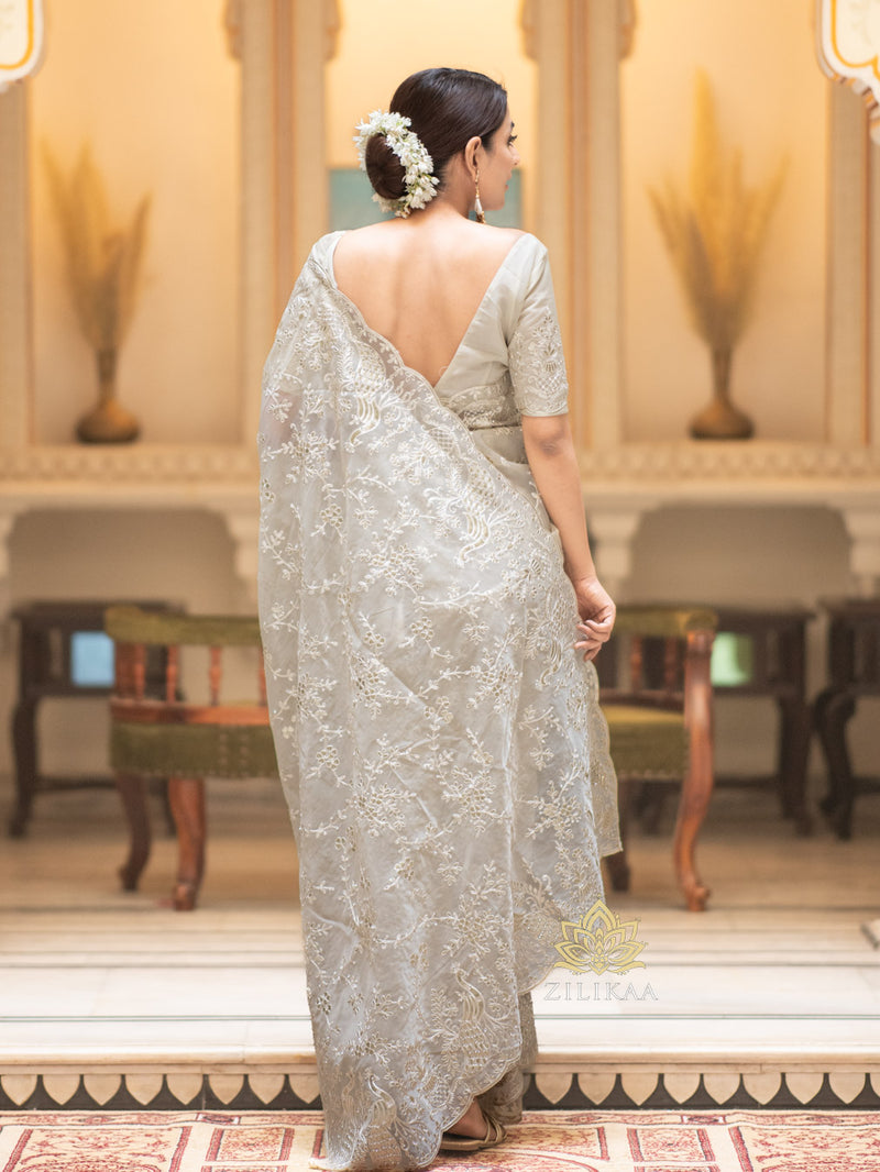 Ivory white Gota Embroidery French Silk Saree