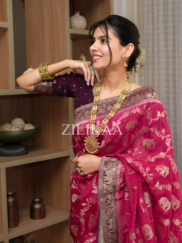 Queen Pink Munga Silk Saree