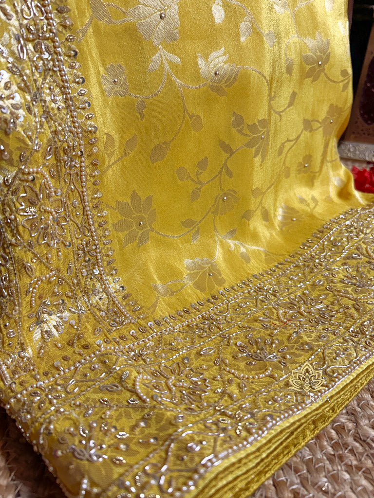 Lemon Yellow Zardozi Handwork Zari Tissue Silk Saree