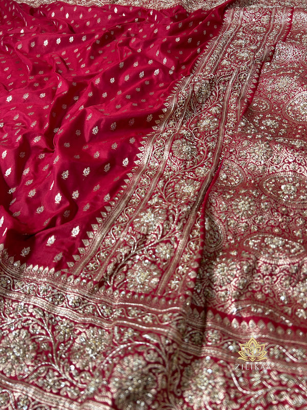 Crimson Red Zardozi Handwork Katan silk saree