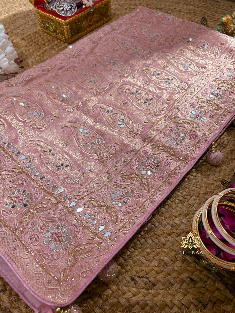 Pastel Pink Special Zardozi Gota Handwork Banarasi Silk Saree
