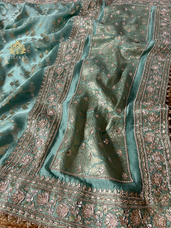 Tiffany Green Zardozi Handwork Mulberry Banarasi Silk Saree