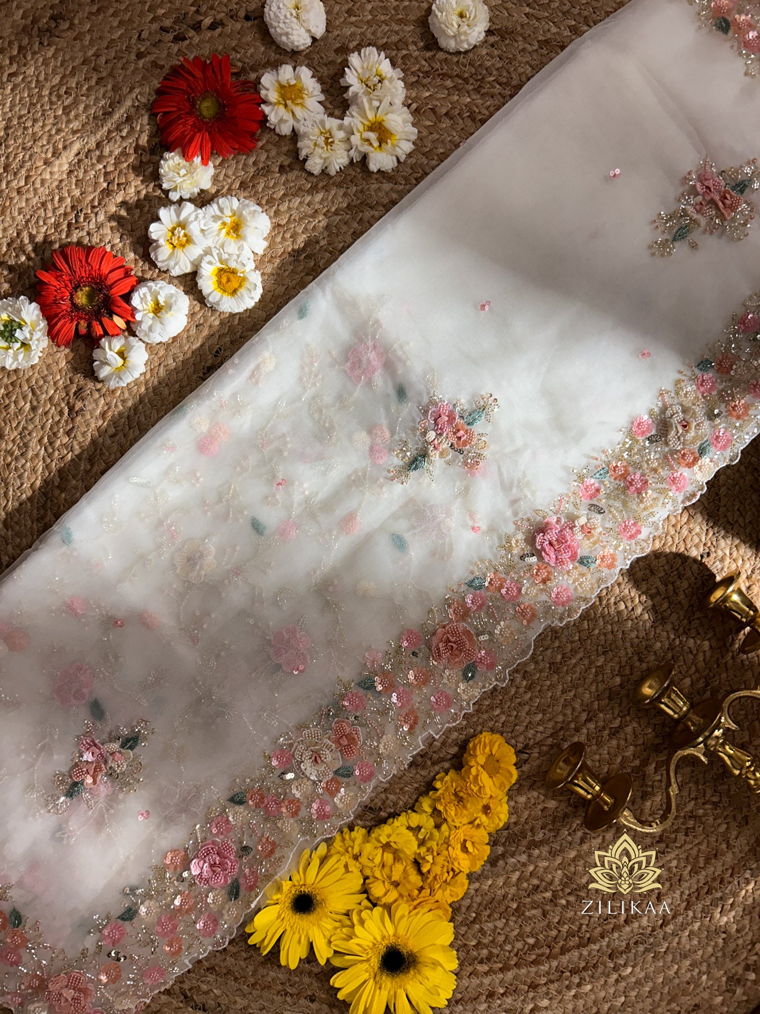 Pearl White Floral Embroidered Tissue Silk Saree