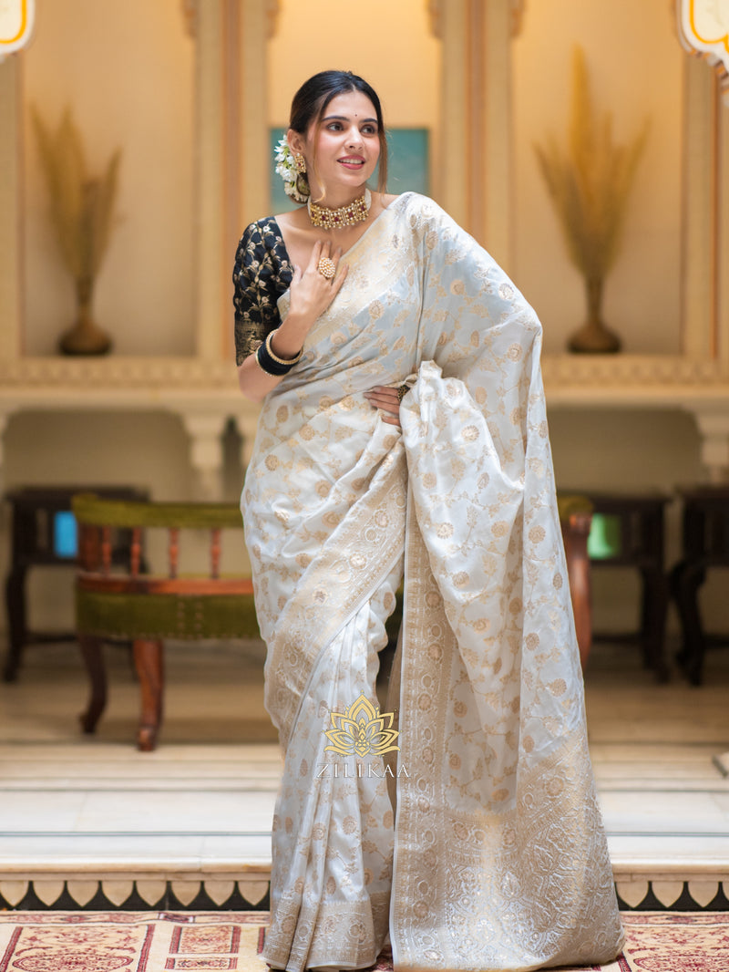 Pearl White Banarasi Uppada Silk Saree