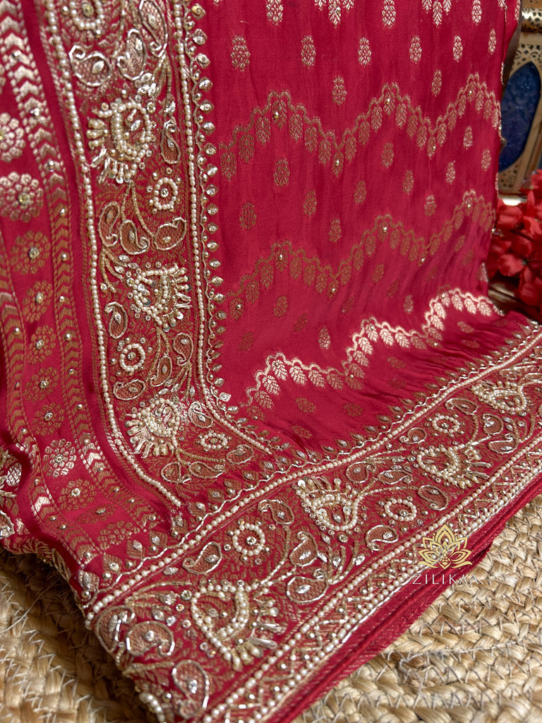 Calcutta Red Zardozi Handwork Mulberry Banarasi Silk Saree