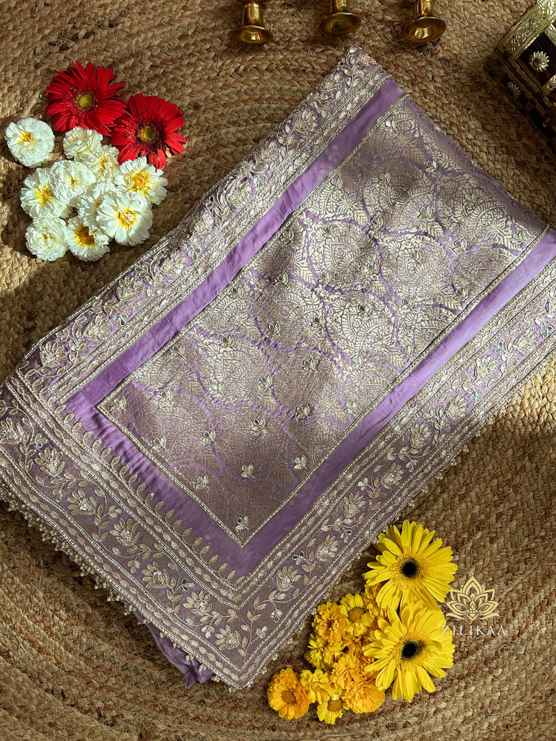 Lilac Purple Zardozi Handwork Mulberry Satin Silk Saree