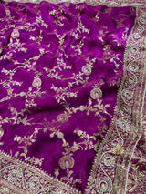 Plum Purple Zardozi Pearl Handwork Mulberry Banarasi Silk Saree