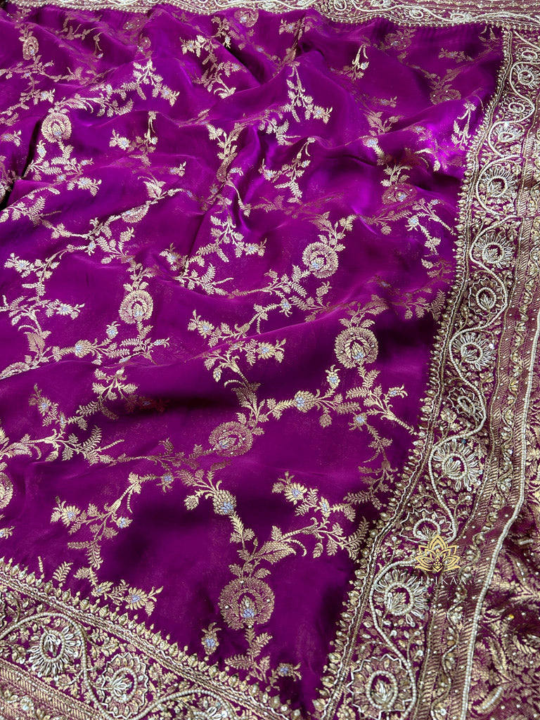 Plum Purple Zardozi Pearl Handwork Mulberry Banarasi Silk Saree
