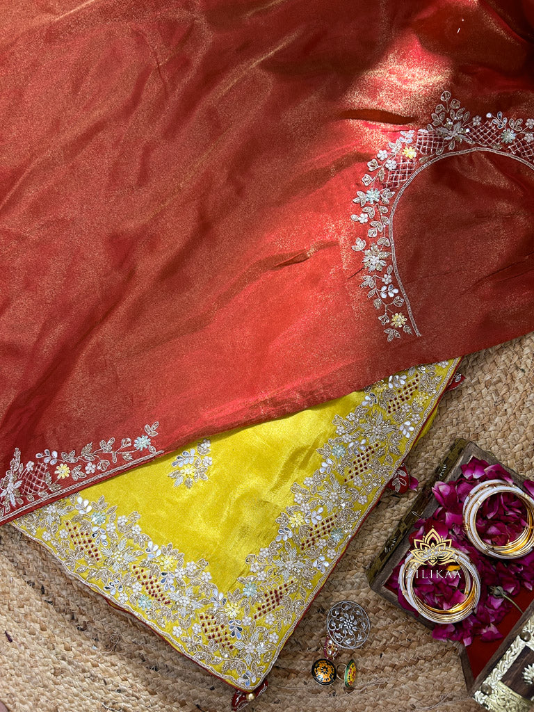 Mustard Golden Soft Tissue Silk Saree with Zardozi Handwork