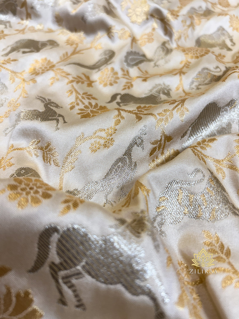 Ivory white Shikargah Banarasi Katan Silk Saree