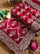 Calcutta Red Aari Zardozi Handwork Satin Silk Saree