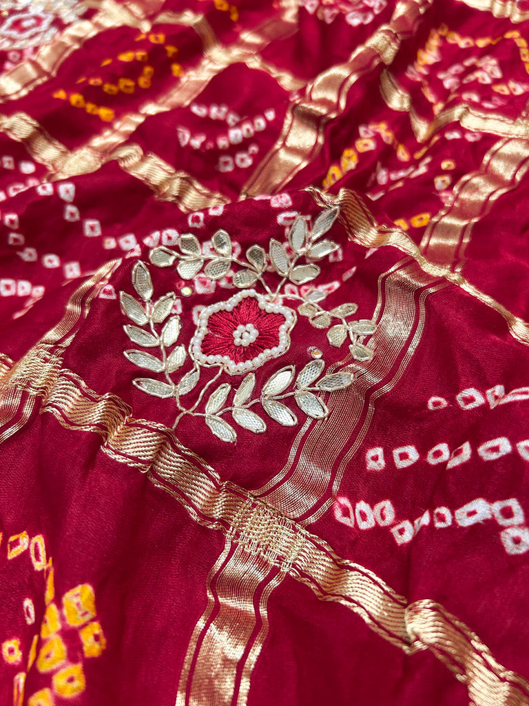 Calcutta Red Gotapatti Handwork Gajji Silk Ghatchola Bandhani Saree