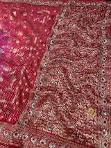 Red Special Zardozi Handwork Bandhani Print Designer Silk Saree