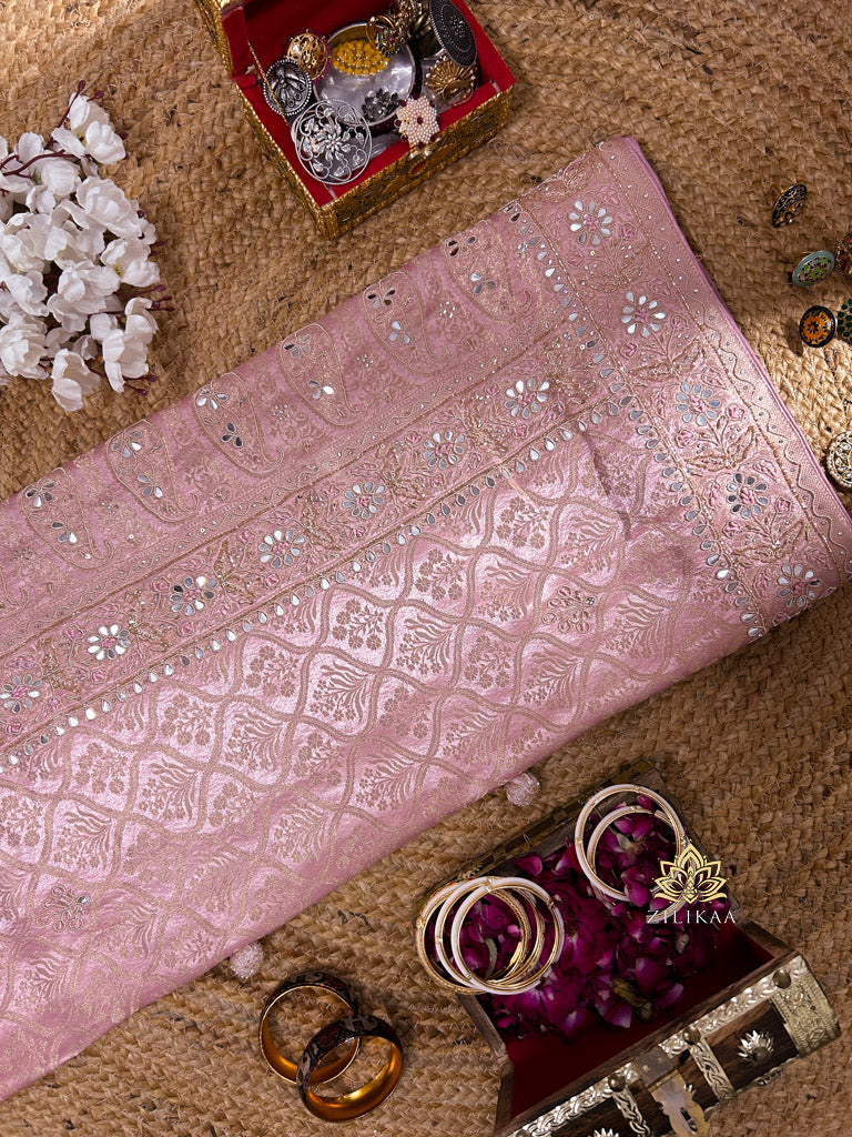 Pastel Pink Special Zardozi Gota Handwork Banarasi Silk Saree