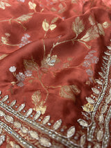 Rusty Orange Zardozi Handwork Mulberry Banarasi Silk Saree