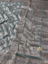 Ocean Green Zari Tissue Silk Saree with Beautiful Hand Embroidery