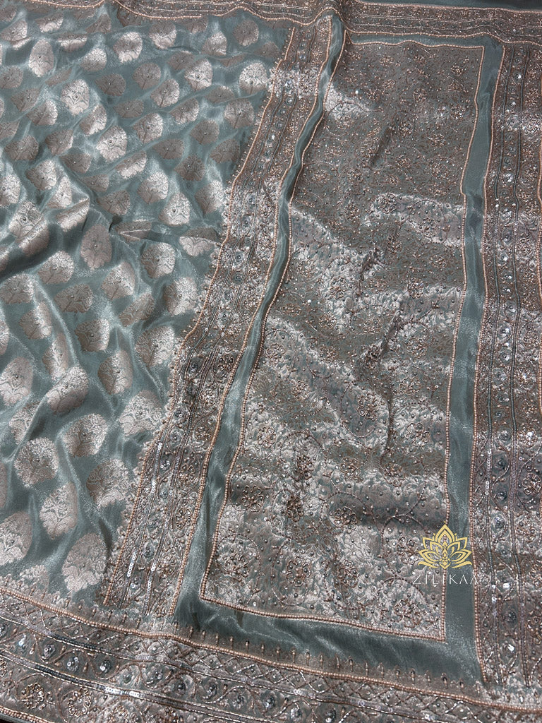 Ocean Green Zari Tissue Silk Saree with Beautiful Hand Embroidery