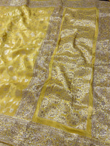 Lemon Yellow Zardozi Handwork Zari Tissue Silk Saree