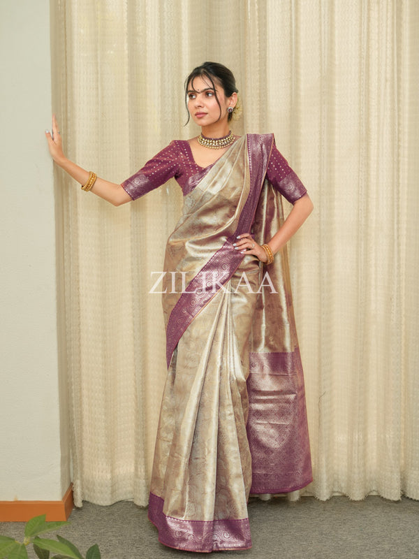 Ivory Purple Kanchipuram Tissue Silk Saree