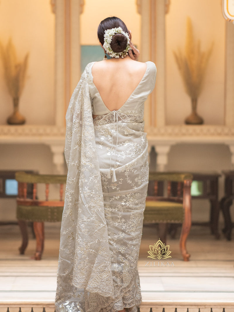 Ivory white Gota Embroidery French Silk Saree