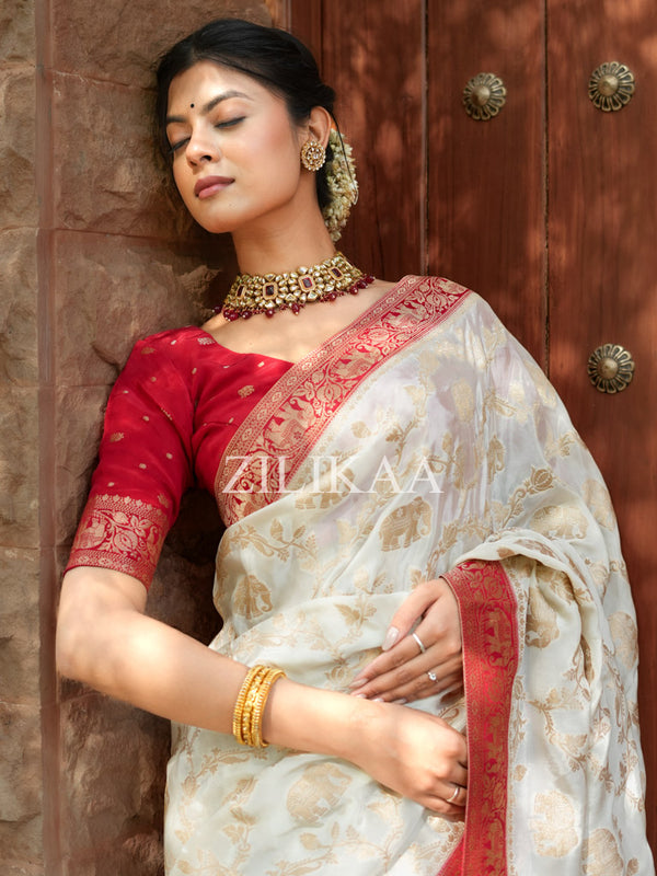 Ivory Red Munga Silk Saree