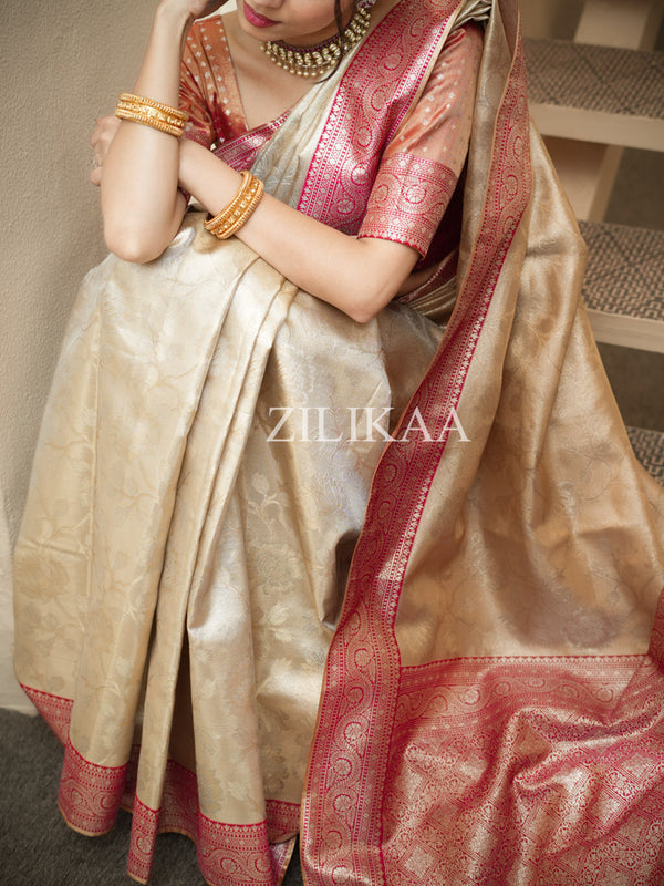 Ivory Red Kanchipuram Tissue Silk Saree