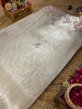 Ivory White Soft Tissue Silk Saree With Scalloped Sequins Zardozi Pearl Handwork