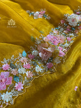 Mustard Golden Hand embroidery Organza Silk Saree