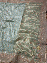 Ocean green Zardozi Handwork Munga Banarasi SIlk Saree